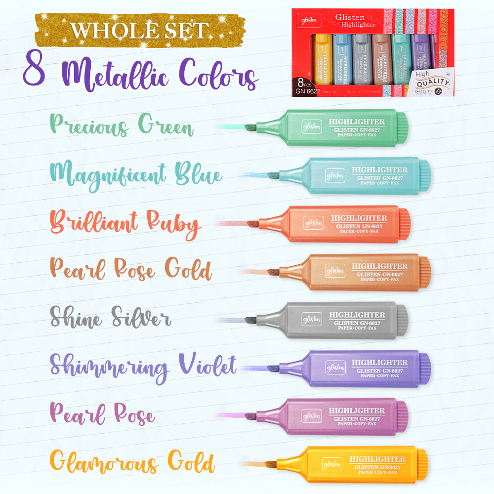 8 Colors Metallic Galaxy Highlighter Pen Subtle Glitter